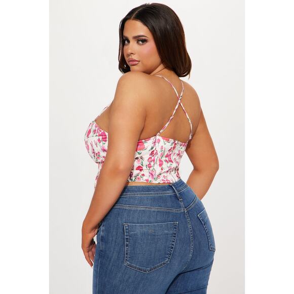 New XL Fashion Nova Pink White Floral Silky Corset Lace Up Bustier Top Crop Tank - Picture 5 of 5
